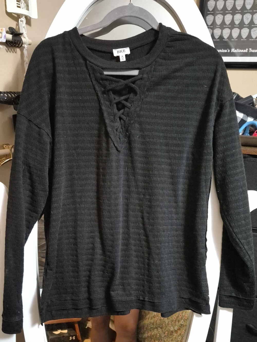 BKE Black Lace-Up Waffle Knit Long Sleeve Top - Women's